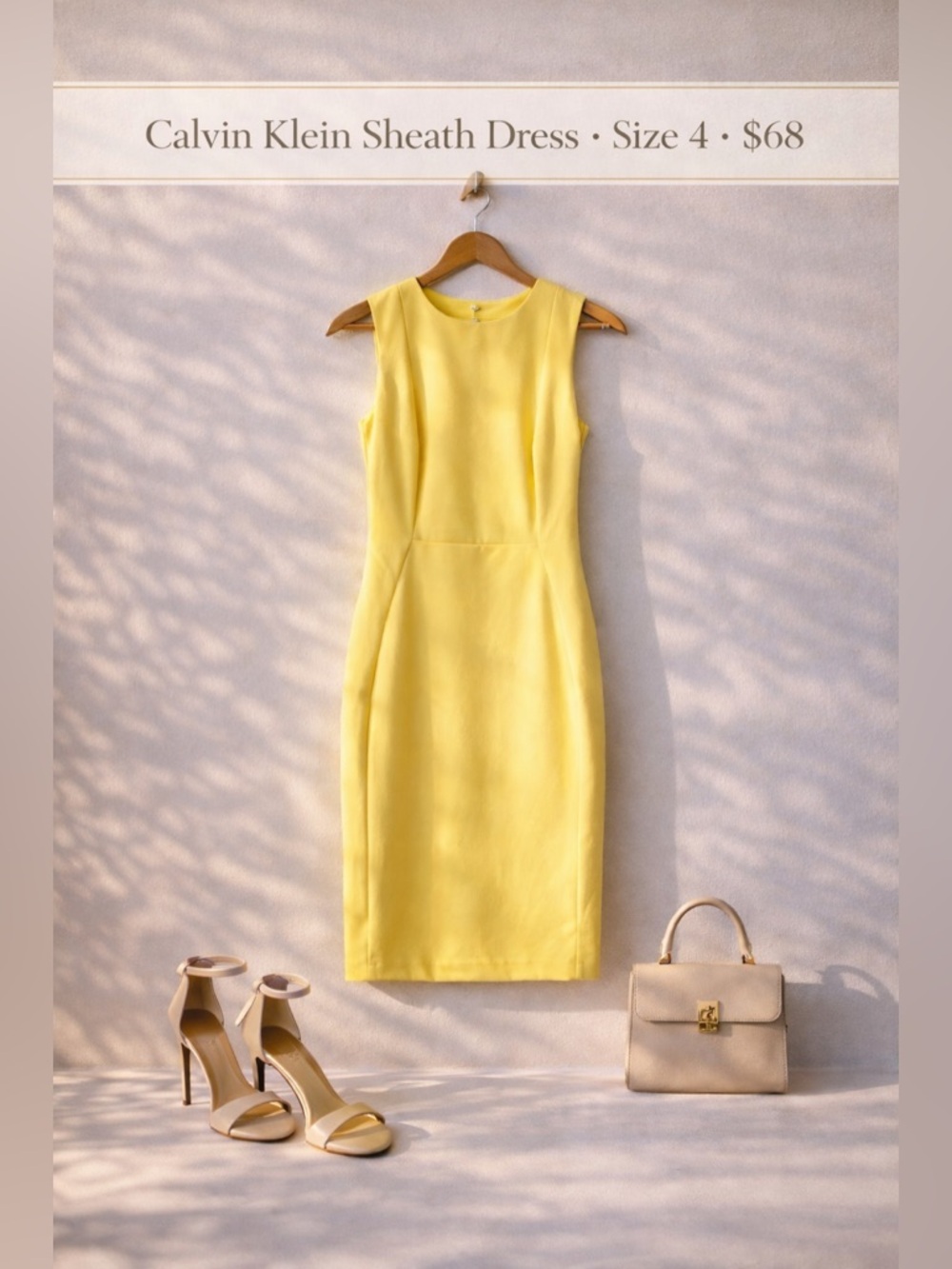 Calvin Klein Yellow Sheath Dress Size 4 Sleeveless Zip Back